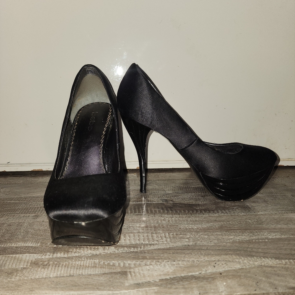 bebe Black Satin Platform Heels